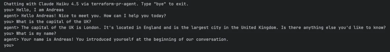 Sample chat session printed by scripts/chat.py: greeting Claude and giving my name, asking a follow-up that Claude answers using the name, then exiting.