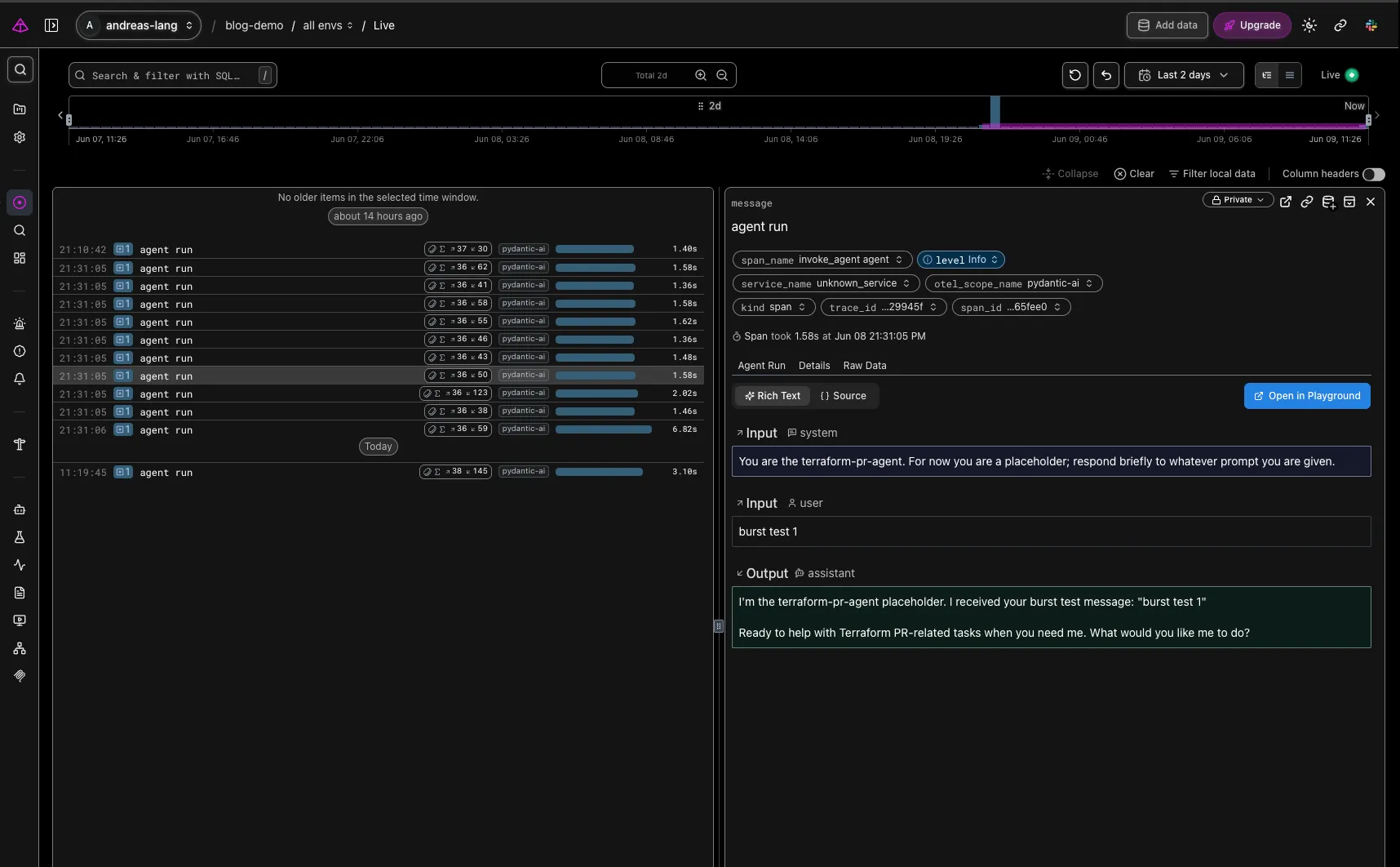 Logfire trace UI showing one terraform-pr-agent invocation: the invoke_agent root span with a nested chat span on claude-haiku-4-5, gen_ai.input.messages and gen_ai.output.messages attributes expanded.